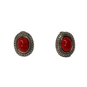 Vintage Inspired Red Coral & Silver Oval Stud Earrings Elegant Timeless Jewelry